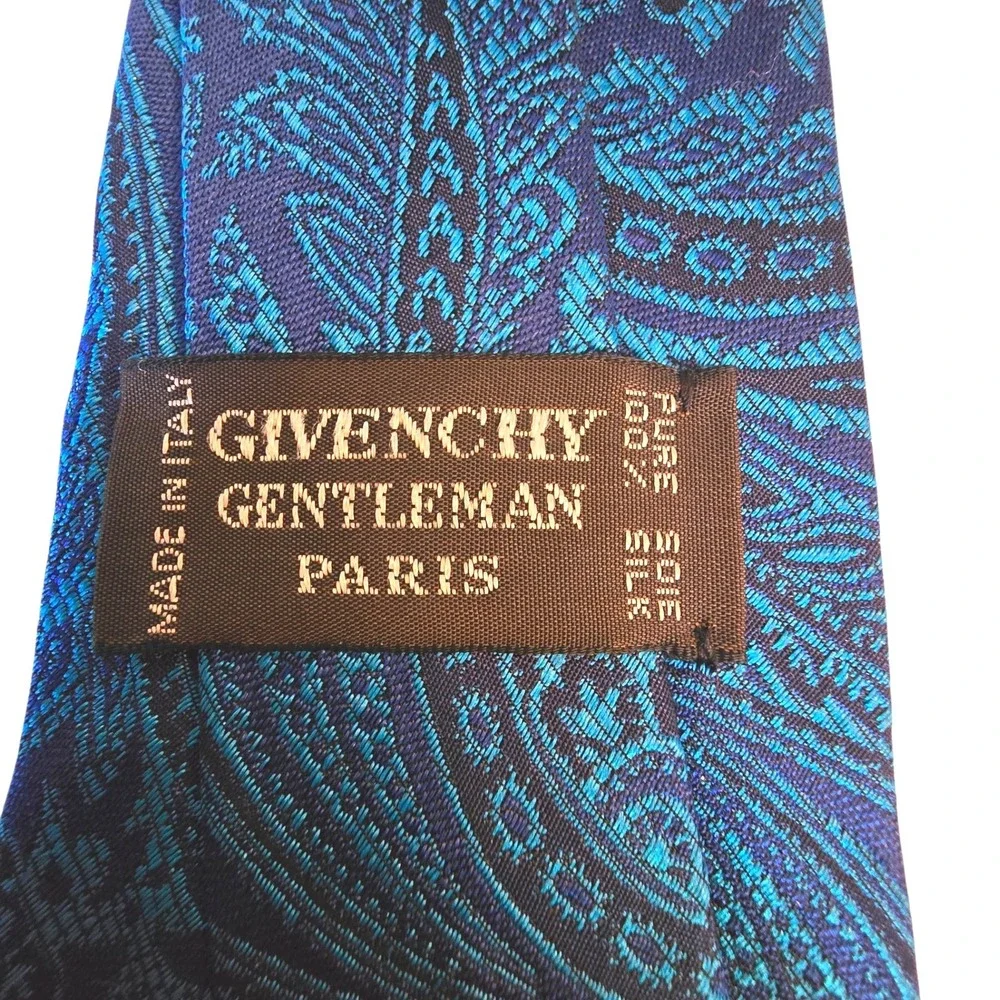 Givenchy Gentleman Paris Blue Teal Paisley Silk Tie Made in Italy Luxury Necktie